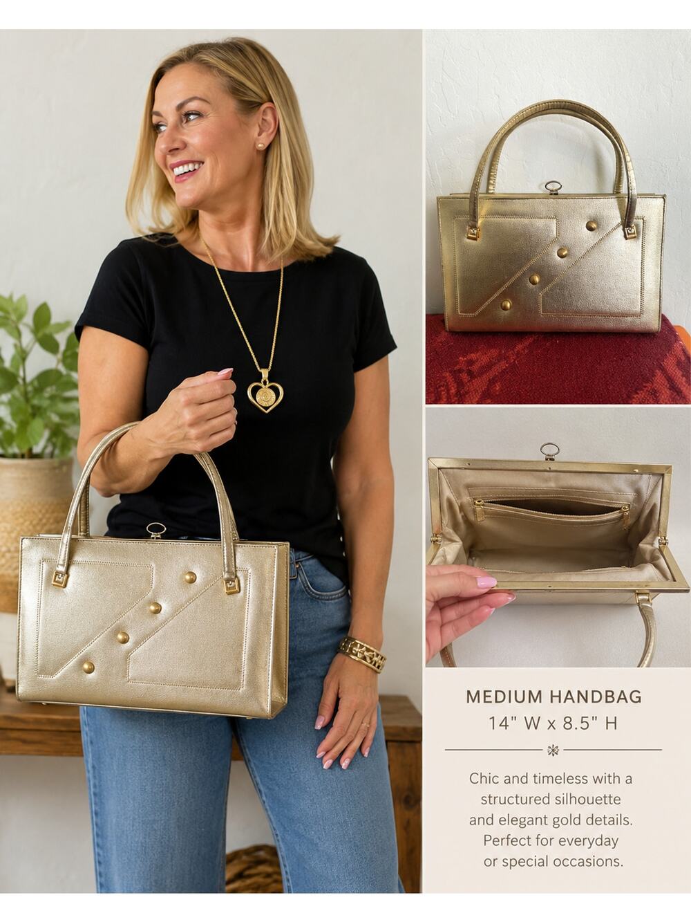 Vintage Metallic Gold Box Handbag Structured Top Handle Purse 1960s Mod Mad Men
